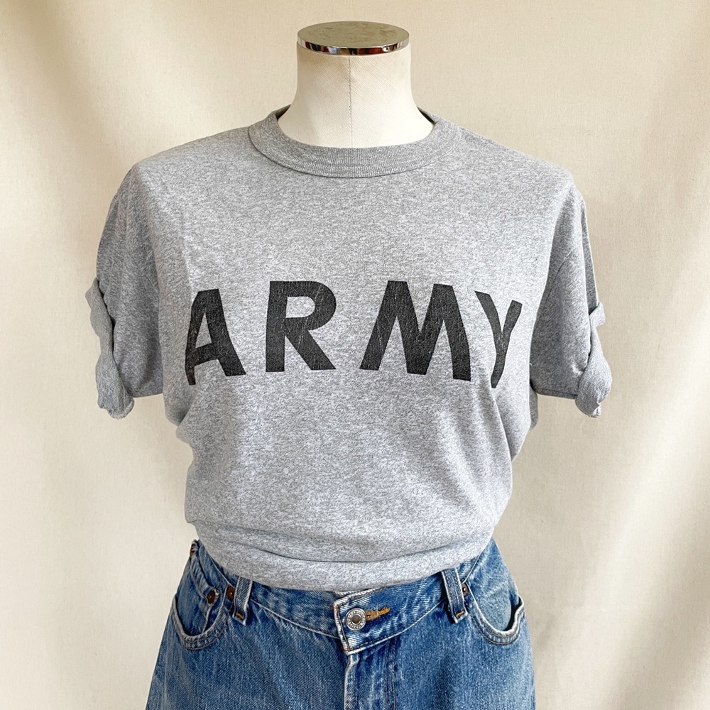 Vintage Super Soft Heathered Gray Army T-Shirt with Mounted Collar